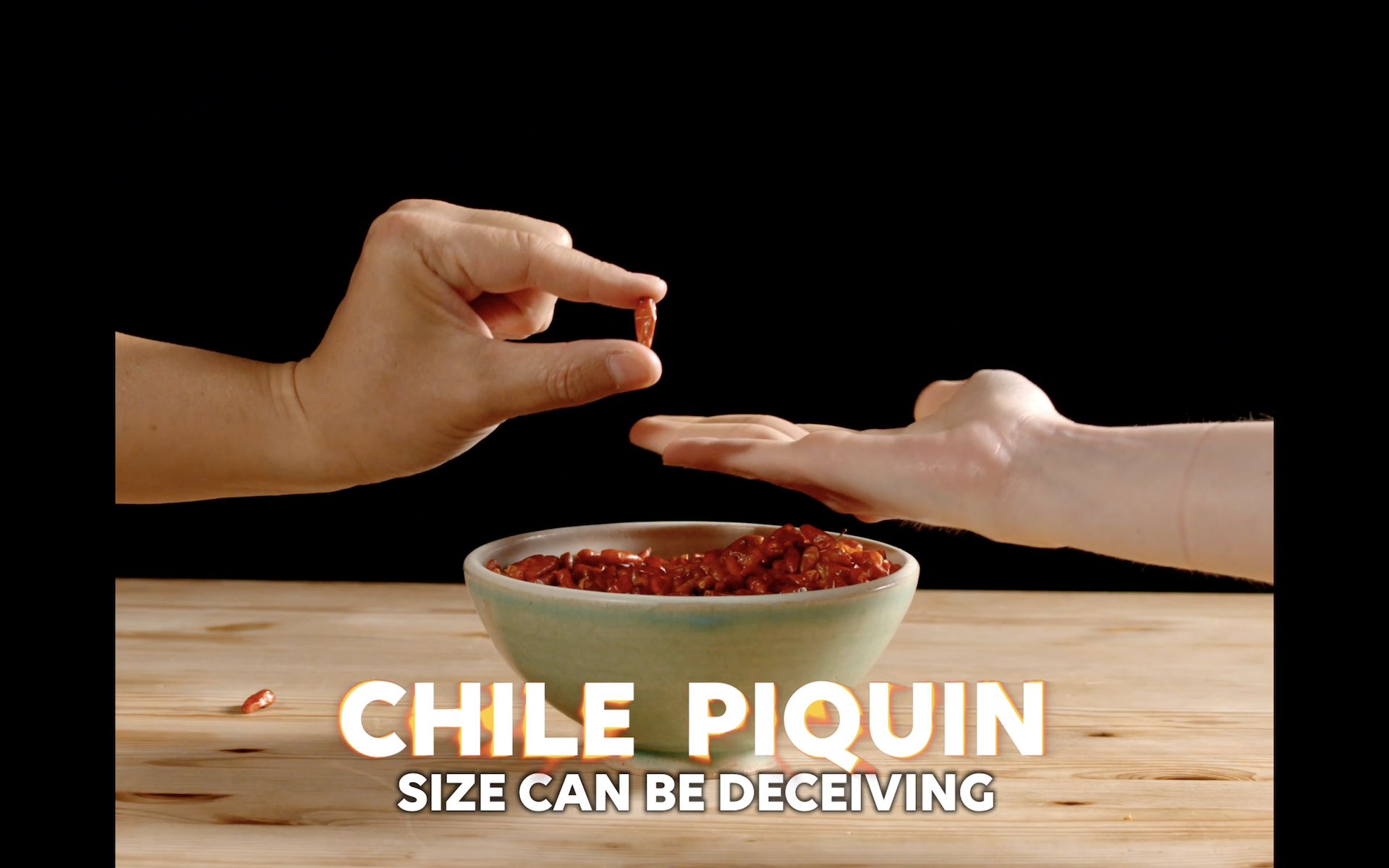 Piquin chile being given to a person. Text saying 